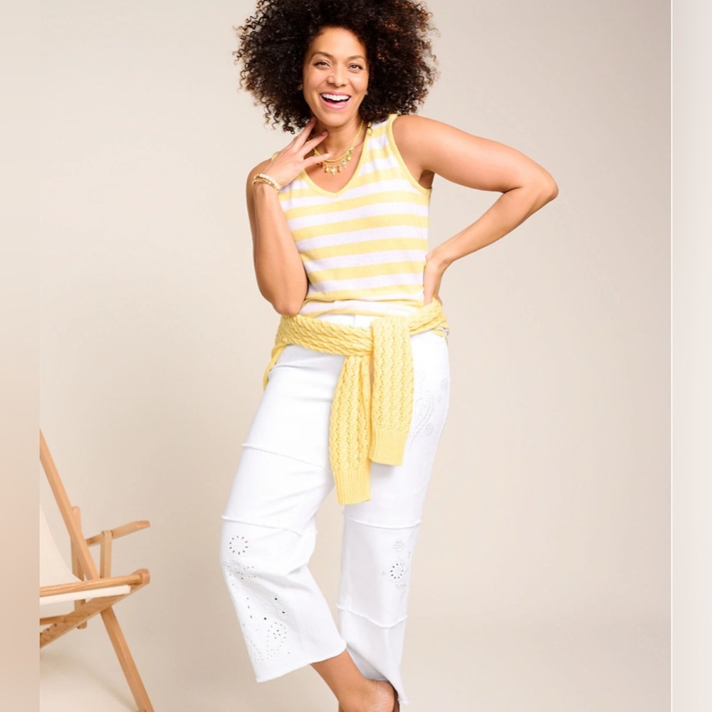 Talbots Yellow White Striped Linen Blend V Neck Tank NWT